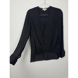 L'AGENCE Blouse Womens Medium Black 100% Silk Sheer Wrap Front V Neck Top